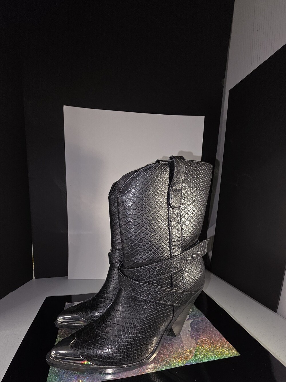 JustFab Black Textured Western Heel Booties with Metal Cap Toe